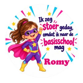 Superheldin traktatiesticker met naam | Meisje