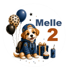 Puppy traktatiesticker met naam en leeftijd – Birthday Besties Milo