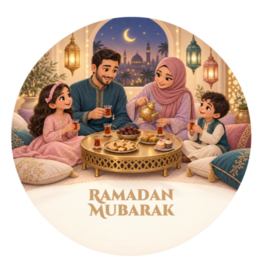Ramadan Mubarak sticker met gezin | Ramadan traktatiesticker