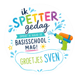 Waterpistool traktatiesticker met naam | Ik spetter gedag