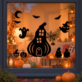 Halloween raamsticker pompoenhuis met spookkabouters