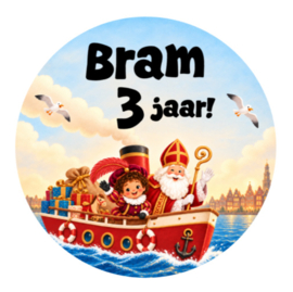 Sinterklaas traktatiesticker met stoomboot | Naam en leeftijd