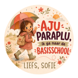 Meisje met paraplu traktatiesticker met naam | Aju paraplu