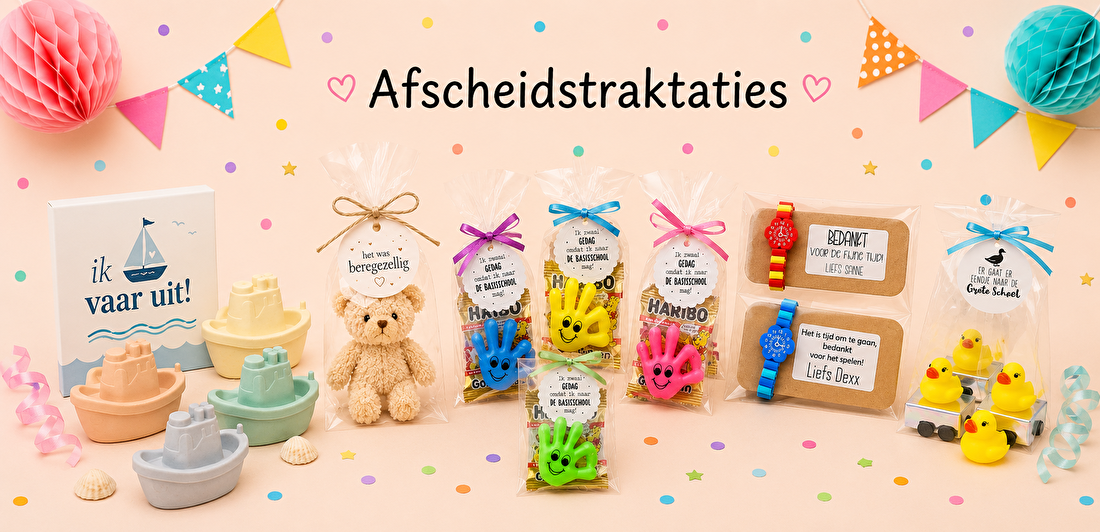 Inspiratie voor afscheidstraktaties met bootjes, knuffelbeertjes, eendjes, bedankcadeautjes en uitdeelzakjes voor de basisschool, peuterspeelzaal en kinderopvang.