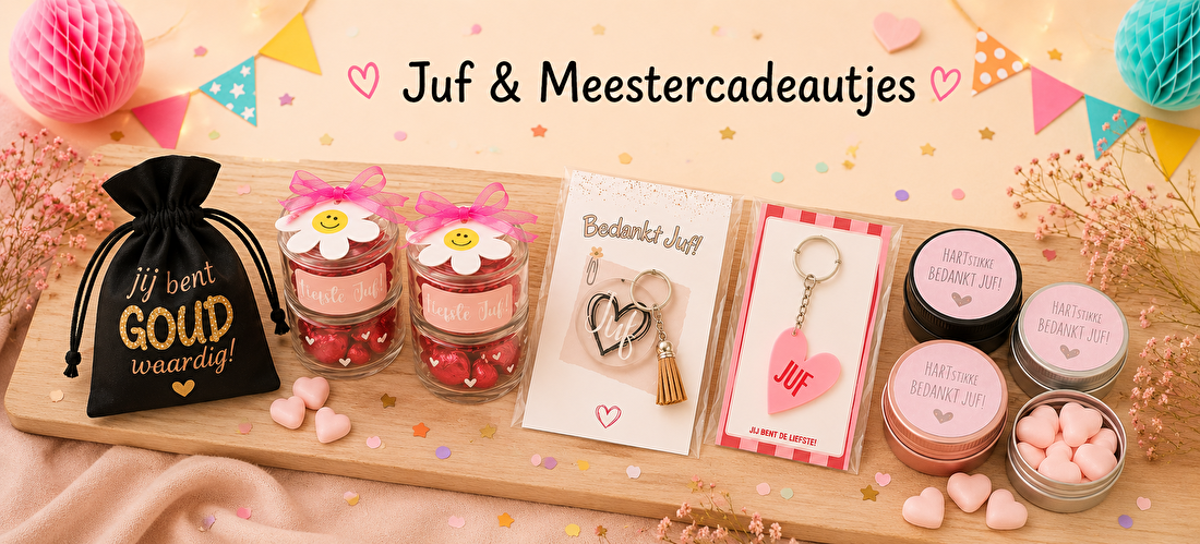 Inspiratie voor juf- en meestercadeautjes met gepersonaliseerde cadeautjes, sleutelhangers, chocoladehartjes, snoephartjes en cadeauzakjes om de juf of meester te bedanken.