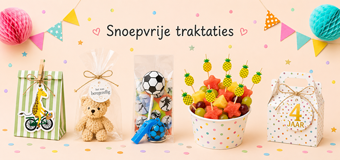 Inspiratie voor snoepvrije kindertraktaties met een traktatiedoosje, fruittraktatie, knuffelbeertje en originele uitdeelcadeaut