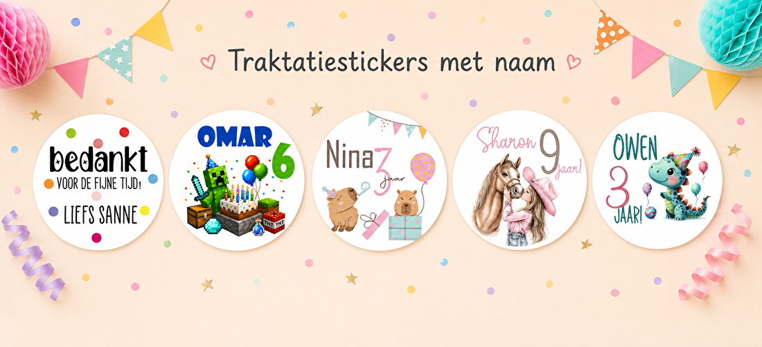 Voorbeelden van traktatiestickers met naam voor verjaardagen, afscheid en kindertraktaties in verschillende populaire thema's.