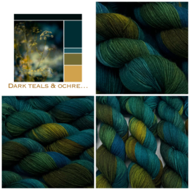 Dark teals & ochre...