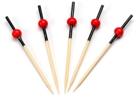 Prikker bamboe zwart met kleine rode bol (12 doosjes)