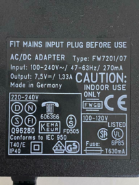 Friwo AC/DC adapter 7,5V 1,33A reisstekker