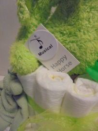 Luiertaart Happy horse groen konijn met muziekdoos