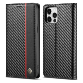 Luxe BookCover Hoes Etui voor iPhone 13 PRO - 14 PRO    Zwart-Rood-Carbon