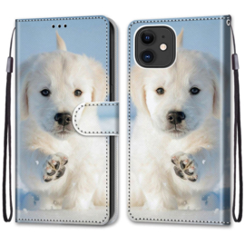 BookCover Hoes Etui voor iPhone 13  Mini   Puppy in de Sneeuw