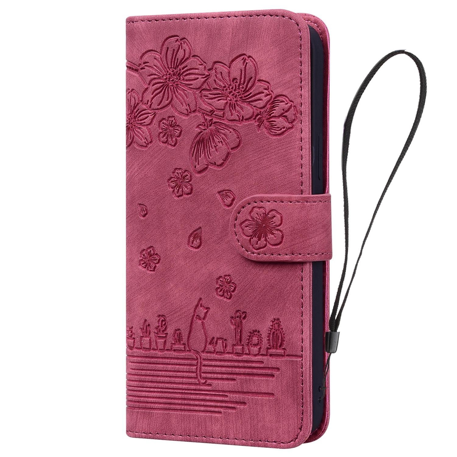 BoekCover Hoes Etui voor Samsung Galaxy A36 - A56  - Rood  - Bloemen Kat - Reliëf