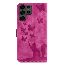 BookCover Hoes Etui voor Samsung Galaxy S26 ULTRA -  Vlinders en Kat  - Roze  - Reliëf