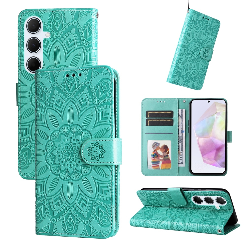PU BoekCover Hoes Etui voor Samsung Galaxy A36 - A56   Groen   -  Bloem-Motief in Reliëf