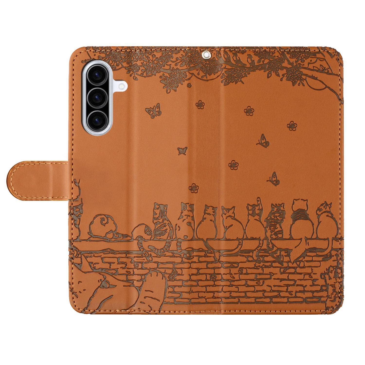 BookCover Hoes Etui voor Samsung Galaxy A56 - A36  -  Bruin  - Katten op Muurtje - Reliëf