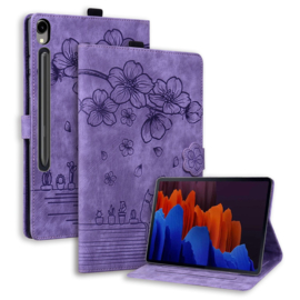 Luxe Bescherm-Etui Hoes Map voor Samsung Galaxy Tab S9 FE - S10 FE  - 10.9 -    Bloemen en Kat -  Paars