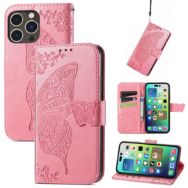 BookCover Hoes Etui voor iPhone 15 PRO MAX     Vlinder    -  Roze