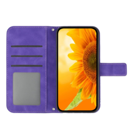 Hoes - Etui - Tas voor Samsung Galaxy A37 - A36  -  A56   Met Schouder - Draagkoord -  Blauw -  Zonnebloem Reliëf