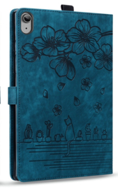 Luxe Bescherm-Etui Hoes Map voor Apple iPad 10 - 11 -  A16 - 10.9 -    Bloemen en Kat -  Blauw