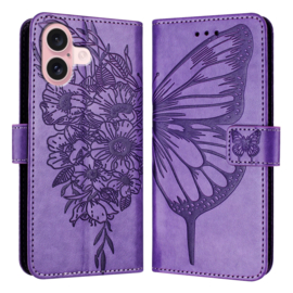 PU BookCover Hoes Etui voor iPhone 16  - Paars -   Vlinder - Bloem Motief