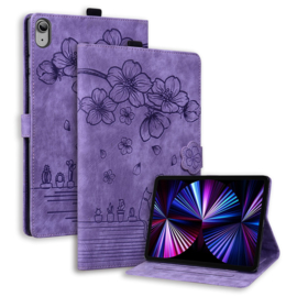 Luxe Bescherm-Etui Hoes Map voor Apple iPad 10 - A16 - 10.9 -       Bloemen en Kat -  Paars