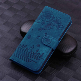 BookCover Hoes Etui voor Samsung Galaxy S24 FE  -  Blauw - Bloemen Kat - Reliëf