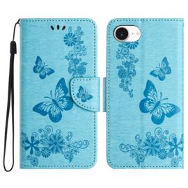 PU BookCover Hoes Etui voor Apple iPhone 16e  -  Vlinders - Blauw
