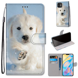 BookCover Hoes Etui voor iPhone 13 - 14    Puppy in de Sneeuw