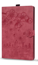 Luxe Bescherm-Etui Hoes Map voor Apple iPad 10 - 11 -  A16 - 10.9 -    Bloemen en Kat -  Rood