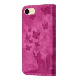 BookCover Etui Hoes voor iPhone SE - iPhone 7 - iPhone 8   -  Roze - Vlinders en Kat - Reliëf