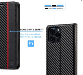 Luxe BookCover Hoes Etui voor iPhone 16 Pro Max -  Zwart-Rood-Carbon