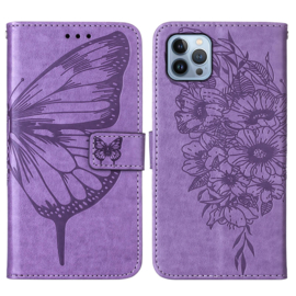 PU BookCover Hoes Etui voor iPhone 15    Paars   Vlinder - Bloem Motief