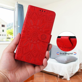 PU BoekCover Hoes Etui voor Samsung Galaxy A57   Rood   -  Bloem-Motief in Reliëf
