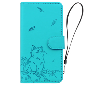 BookCover Hoes Etui voor Samsung Galaxy S24  FE -  Turquoise  -  Cute Cat - Kat - Reliëf