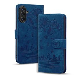 BookCover Hoes Etui voor Samsung Galaxy A36 - A56  -  Blauw - Bloemen Kat - Reliëf