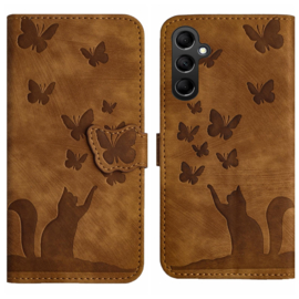 BookCover Hoes Etui voor Samsung Galaxy A37 - A36 - A56 -  Vlinders en Kat  - Bruin  - Reliëf