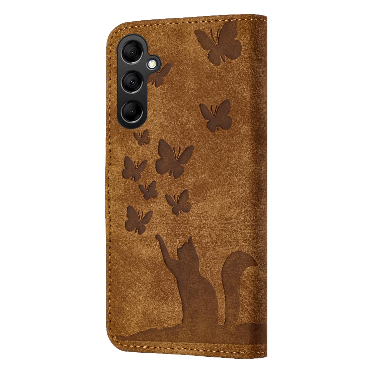 BookCover Hoes Etui voor Samsung Galaxy A16 - A26  -  Vlinders en Kat  - Bruin  - Reliëf