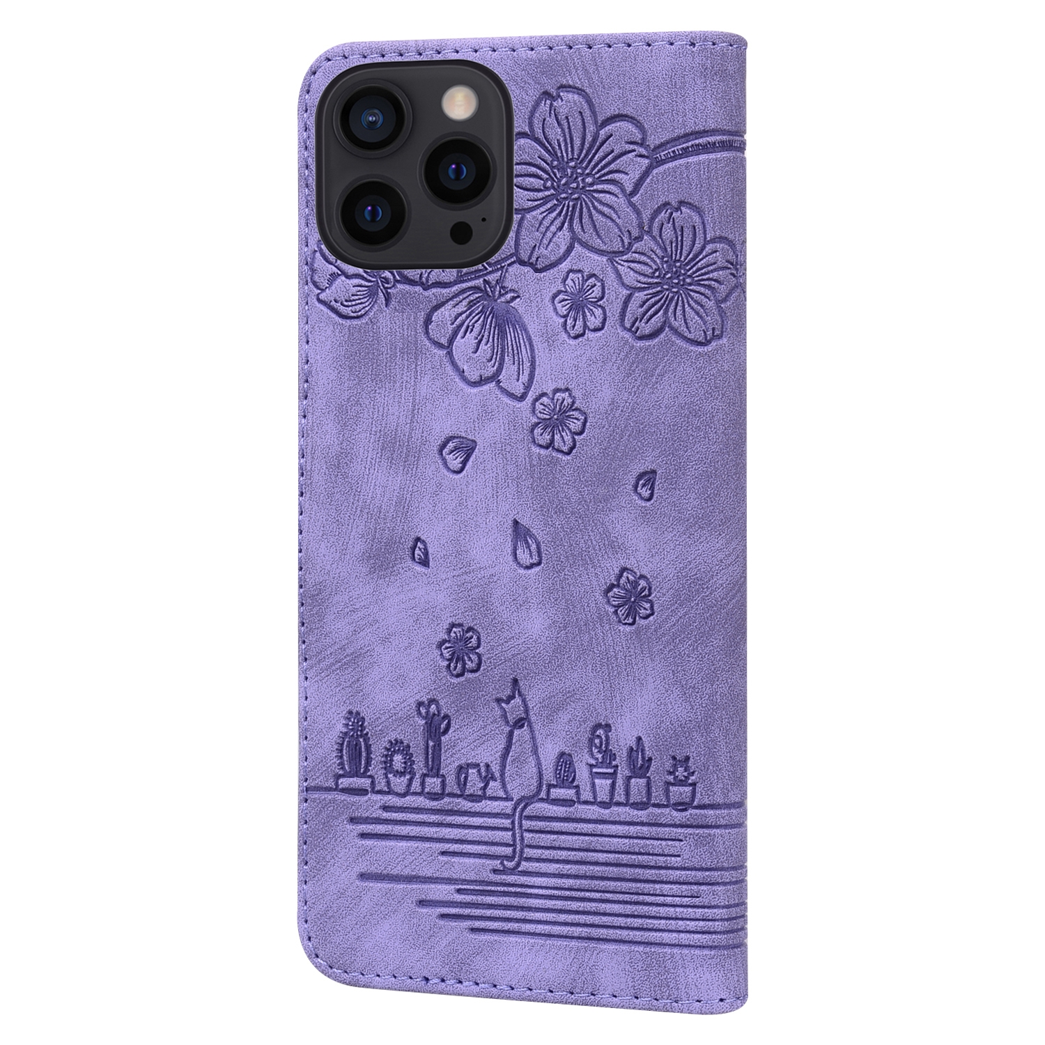 BookCover Hoes Etui voor Apple iPhone 16 Pro Max  -  Paars  - Bloemen Kat - Reliëf
