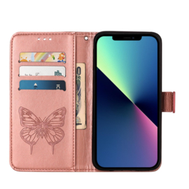 PU BookCover Hoes Etui voor iPhone 15   Roze-Goud    Vlinder - Bloem Motief
