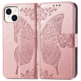 BookCover Hoes Etui voor iPhone 15      Vlinder    -  Roze-Goud