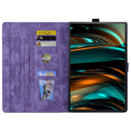 Luxe Bescherm-Etui Hoes Map voor Samsung Galaxy Tab A9 - 8.7  -    Bloemen en Kat - Paars