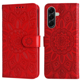 PU BoekCover Hoes Etui voor Samsung Galaxy A57   Rood   -  Bloem-Motief in Reliëf