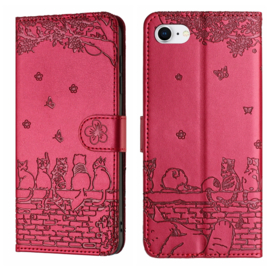 BookCover Hoes Etui voor Apple iPhone 16e  -  Rood  - Katten op muurtje - Reliëf