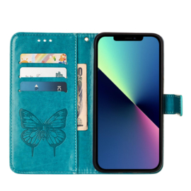 PU BookCover Hoes Etui voor iPhone 16  -  Turquoise -   Vlinder - Bloem Motief