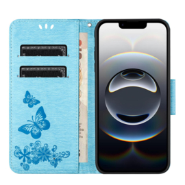 PU BookCover Hoes Etui voor Apple iPhone 16e  -  Vlinders - Blauw