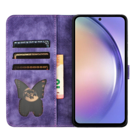 BookCover Etui Hoes voor Samsung Galaxy A35  -  Paars - Vlinders en Kat - Rellief