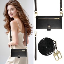 Luxe Portemonnee - Etui  Hoes Tas voor Samsung Galaxy A36  -  A56   - Met Schouder - Draagkoord -  Zwart