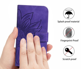 Hoes - Etui - Tas voor Samsung Galaxy A16  - A26  Met Schouder - Draagkoord -  Paars  -  Zonnebloem Reliëf